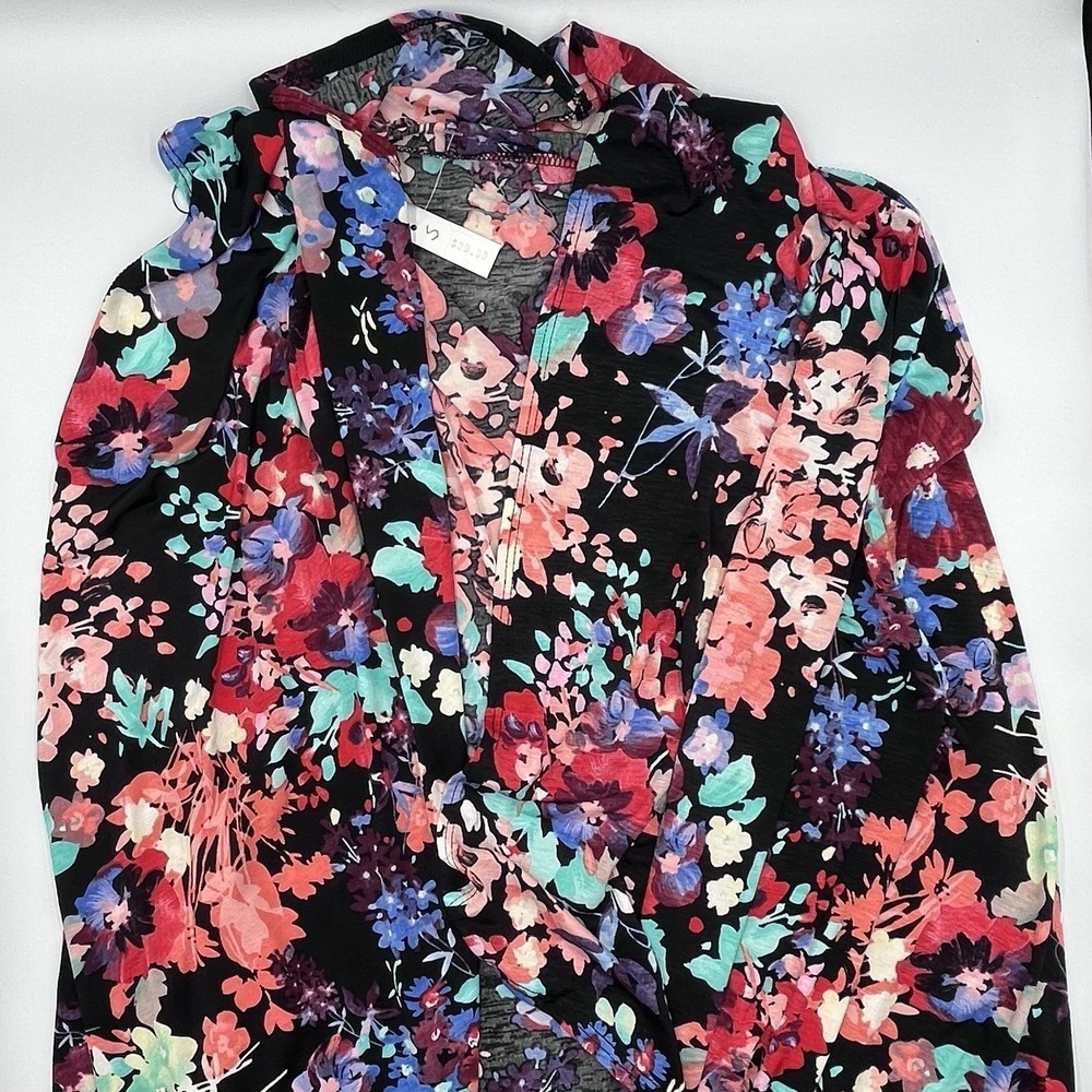 NEW Bright Floral Size Medium Sleeveless Open Front Draped Cardigan Vest Pockets - Picture 7 of 11